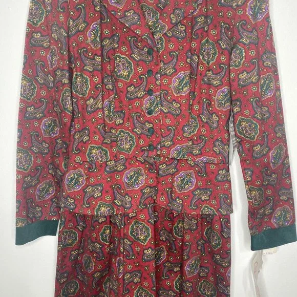 Vintage 80s Lanz Original Dress Paisley Maroon Green Midi Peplum New Sz 8 Cotton